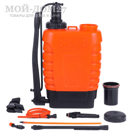 Опрыскиватель ранцевый 15 л. ЖУК классик (ОГ-112) | Мой-Дом27 | Бак, объемом 15 л, позволяет обрабатывать большие по площади участки, а универсальная конструкция предусматривает возможность переоборудования опрыскивателя для работы как правой, так и левой рукой.<br>
 Удобные плечевые ремни снимают напряжение в спине во время работы.<br>
 Расход рабочей жидкости 0,6-0,8 л/мин<br>
Регулировка распыла: от струи до тумана